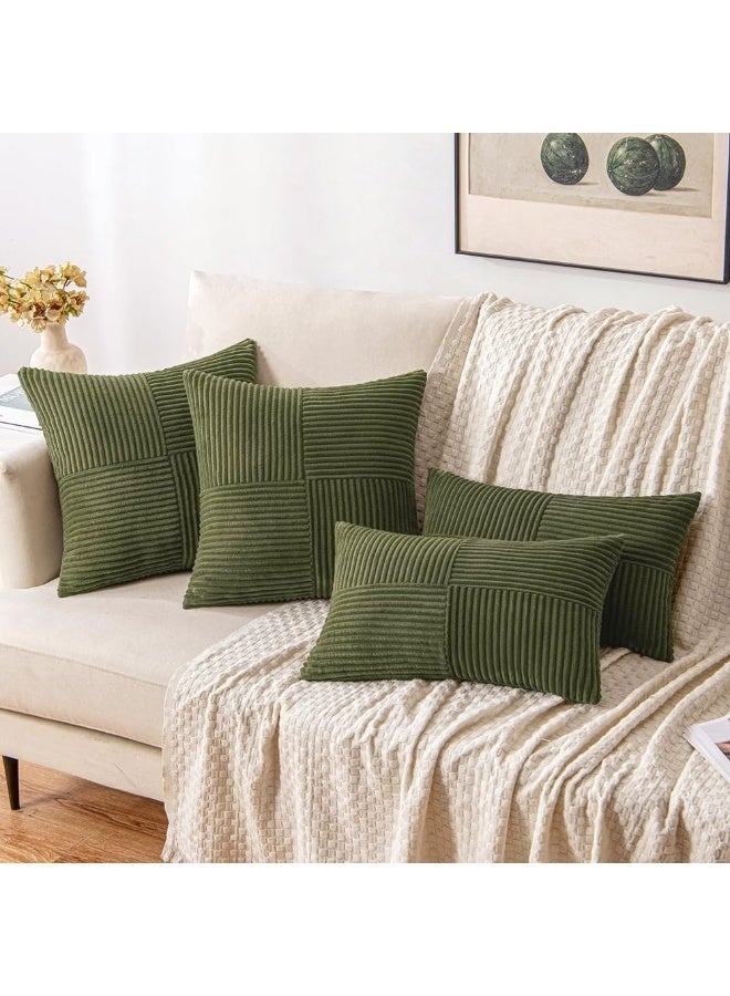 Arabest Set of 2 Boho Lumbar Accent Pillows Covers, Corduroy Textured Throw Pillow Covers with Cross Patchwork Design, Soft Spliced Decorative for Sofa, Bed & Reading Nook (Olive Green) - Image 2